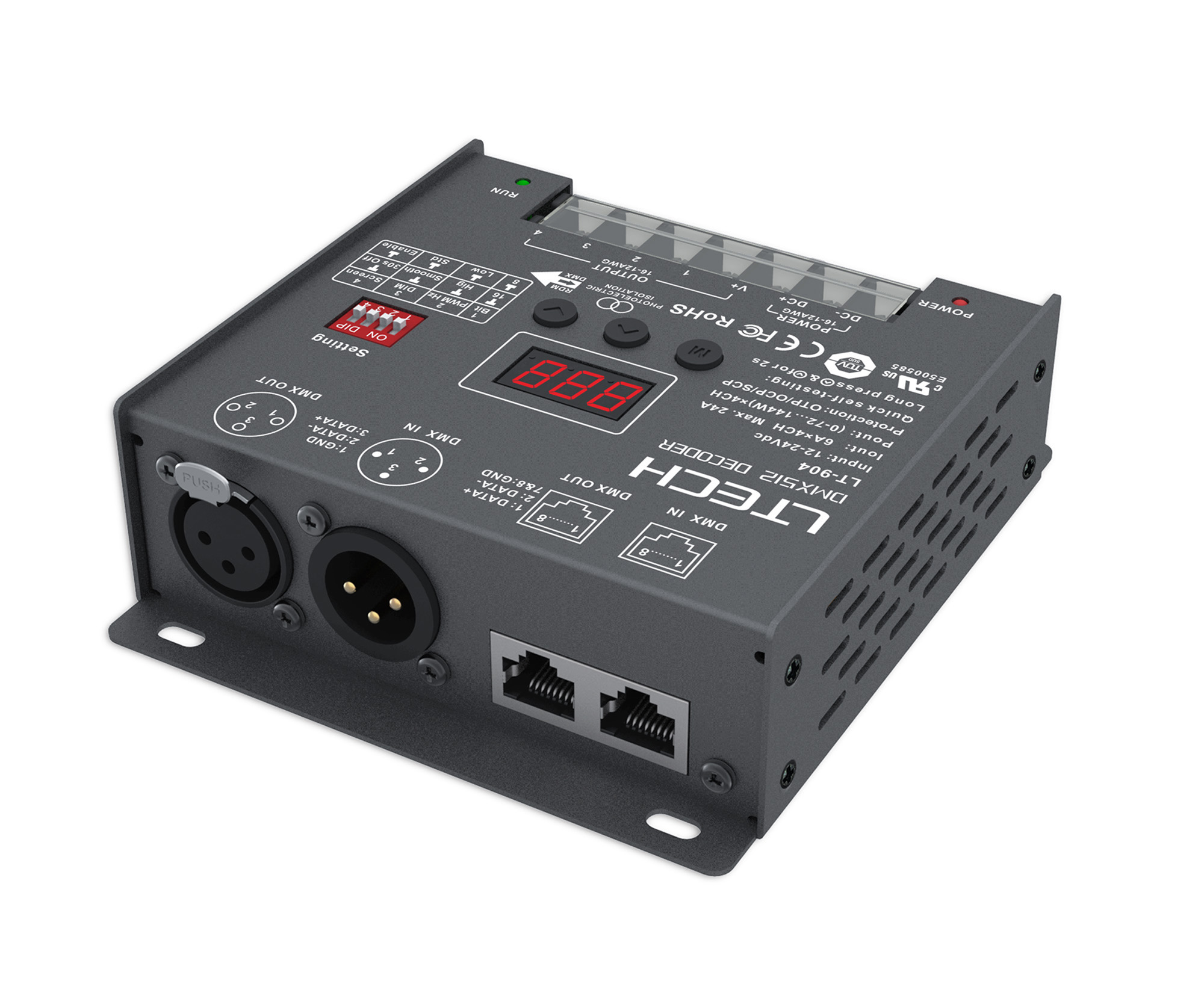 904  4Ch 6A CV DMX Decoder, 576W Max.Power, XLR & RJ45 Port, 8/16bit Grey level, Self testing, IP20.